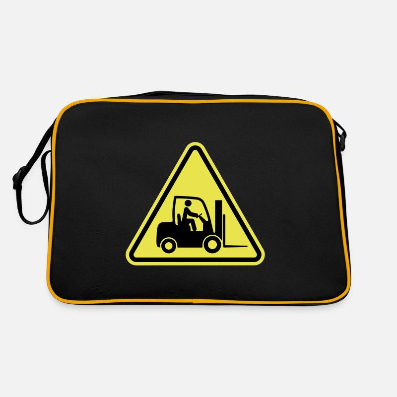 Achtung Gabelstapler, Gabelstapler-Symbolsymbol. Logistisch Retro Tasche