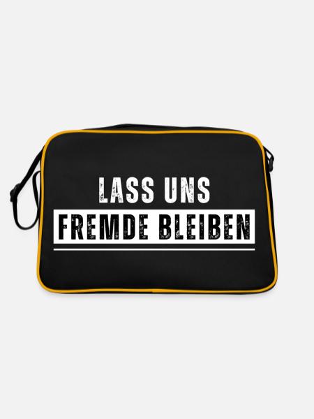 Lass uns Fremde bleiben. Lustiger Spruch. Nerd - Retro Tasche - Schwarz/Gold - Hinten