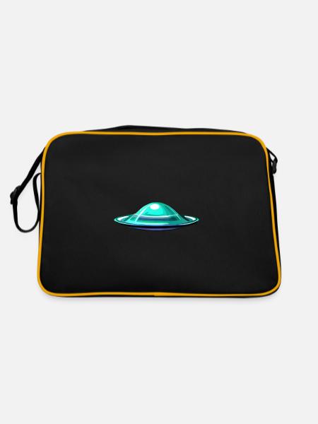 Alien in fliegender Untertasse - Retro Tasche - Schwarz/Gold - Hinten