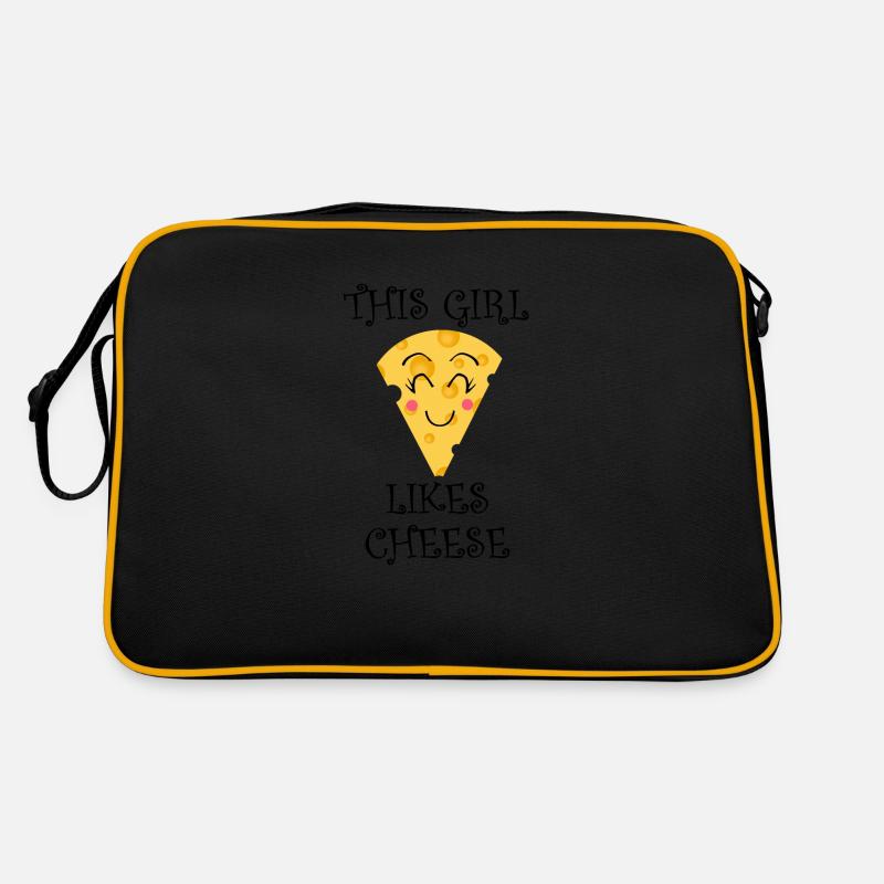 Mädchen mag Käse, isst Bio-Lebensmittel, Käse, Retro Tasche