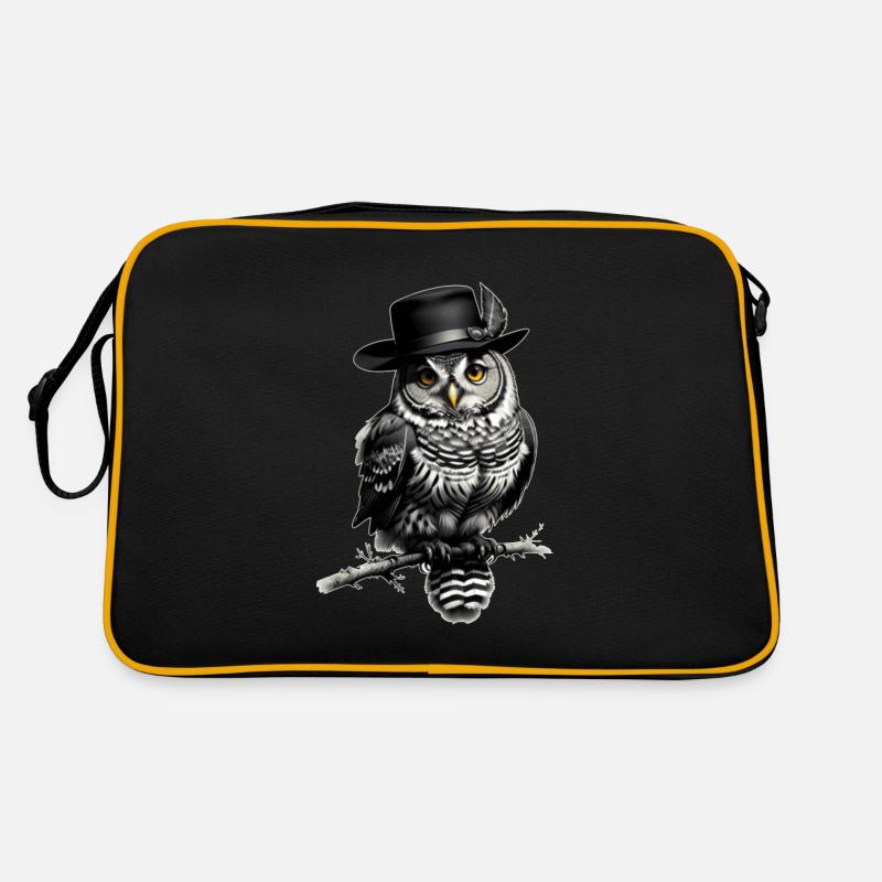Eule mit Hut - Retro Tasche - Schwarz/Gold