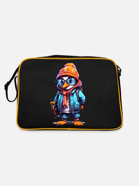 Cute Penguin Cartoon - Retro Tasche - Schwarz/Gold - Hinten