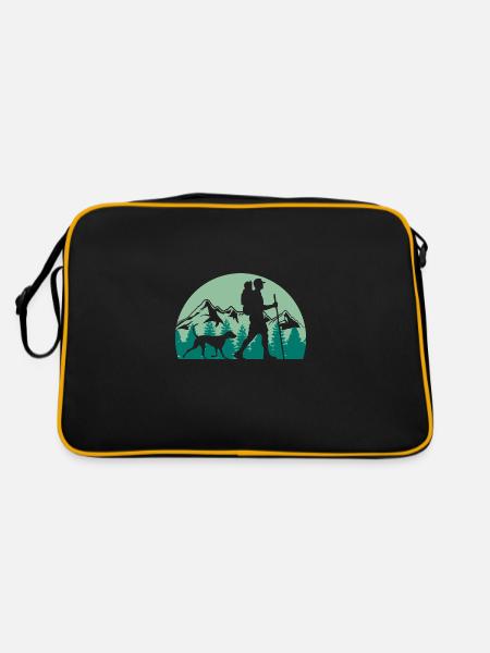 Wanderer mit Hund Wandern Berge Natur Camping - Retro Tasche - Schwarz/Gold - Hinten
