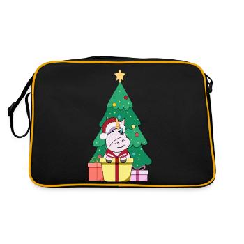Einhorn vor Weihnachtsbaum Weihnachtsmütze Merry C - Retro Tasche - Schwarz/Gold - Hinten