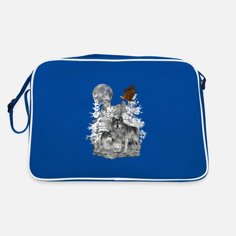Wolves on rocks with eagle and moon Retro Bag