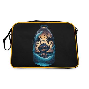 Affe Flasche Palmen Strand Meer Wellen - Retro Tasche - Schwarz/Gold - Hinten