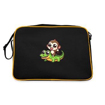 Niedlicher Affe reitet Krokodil - Retro Tasche - Schwarz/Gold - Hinten
