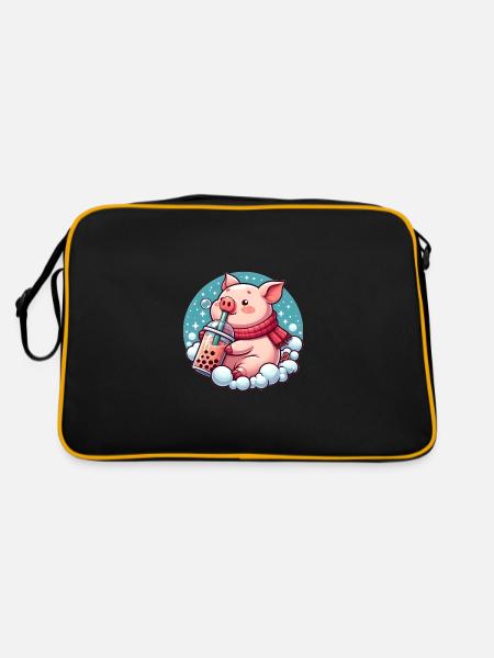 Schwein genießt Bubble Tea - Retro Tasche - Schwarz/Gold - Hinten