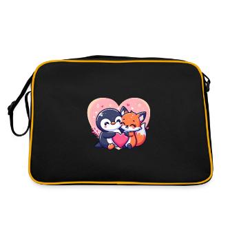 Niedlicher Pinguin umarmt Fuchs - Retro Tasche - Schwarz/Gold - Hinten