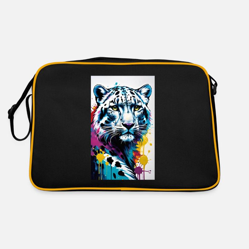 Schneeleopard | Leopard | Raubtier - Retro Tasche - Schwarz/Gold