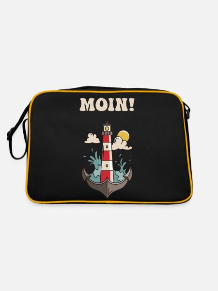 Leuchtturm Anker Moin Nordlicht Nord Meer Kapitän - Retro Tasche - Schwarz/Gold - Hinten
