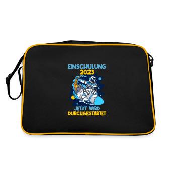 Einschulung 2023 Rakete Schulkind Schuleinführung - Retro Tasche - Schwarz/Gold - Hinten