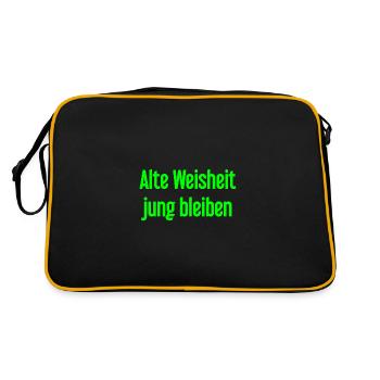 Alte Weisheit, jung bleiben – Lebensfroher Spruch - Retro Tasche - Schwarz/Gold - Hinten