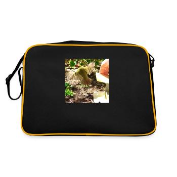 Releasing bird in aviary - star finch - Retro Bag - black/gold - Back