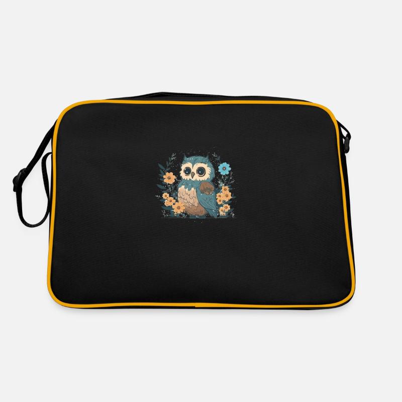 Süße Eule im Blumenwald 1 - Retro Tasche - Schwarz/Gold