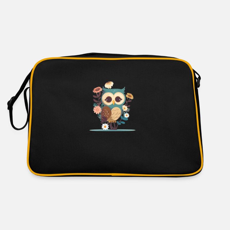Süße Eule im Blumenwald 5 - Retro Tasche - Schwarz/Gold