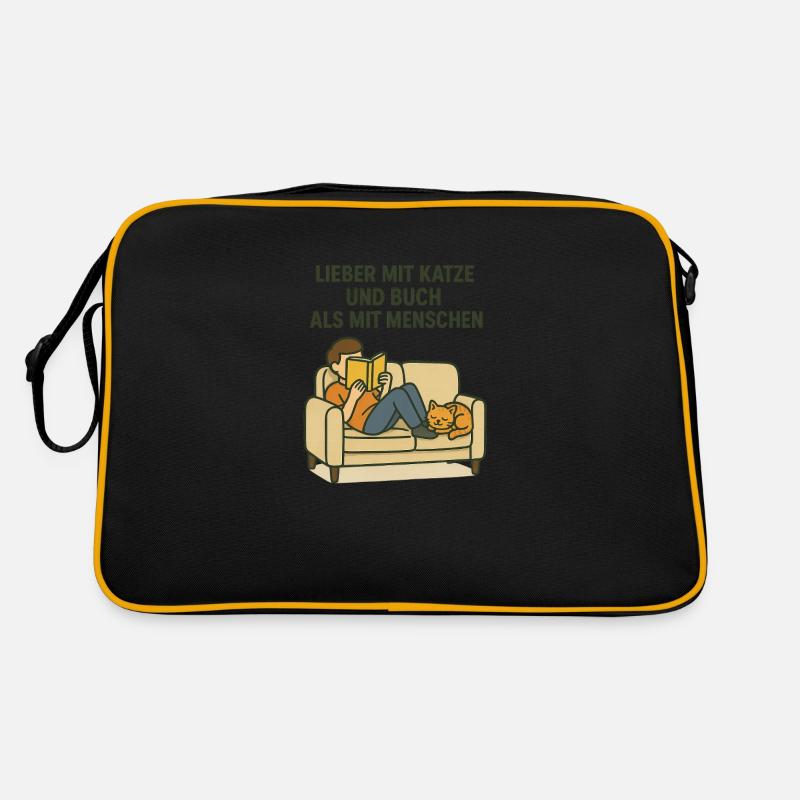 Katze Weltkatzentag Kater Sofa Chill Buch relax - Retro Tasche - Schwarz/Gold