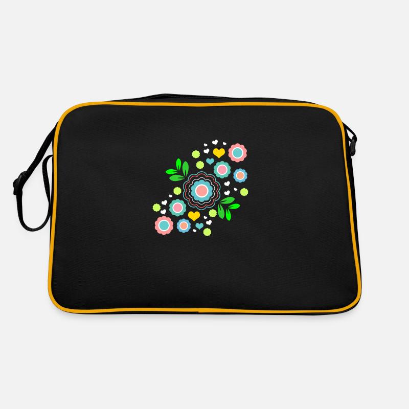 Flower Hippie buntes Blumenmuster - Retro Tasche - Schwarz/Gold