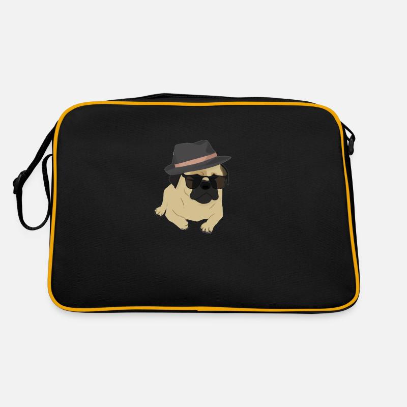 Cooler Mops mit einer Sonnenbrille und im Hut - Retro Tasche - Schwarz/Gold
