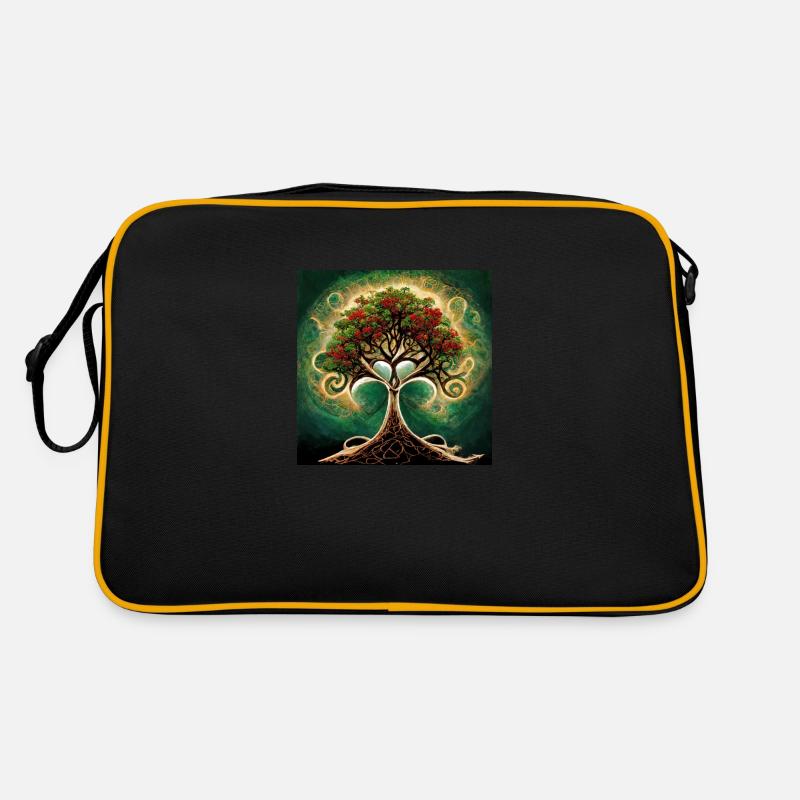Romantischer Lebensbaum mit roten Blüten - Retro Tasche - Schwarz/Gold