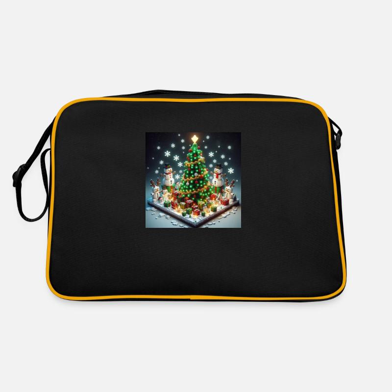 Pixel Weihnachtswelt mit Weihnachtsbaum Retro Tasche