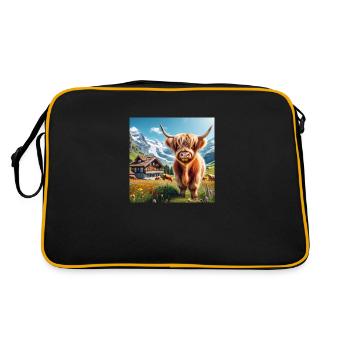Highland cow in Swiss scenery - Retro Tasche - Schwarz/Gold - Hinten