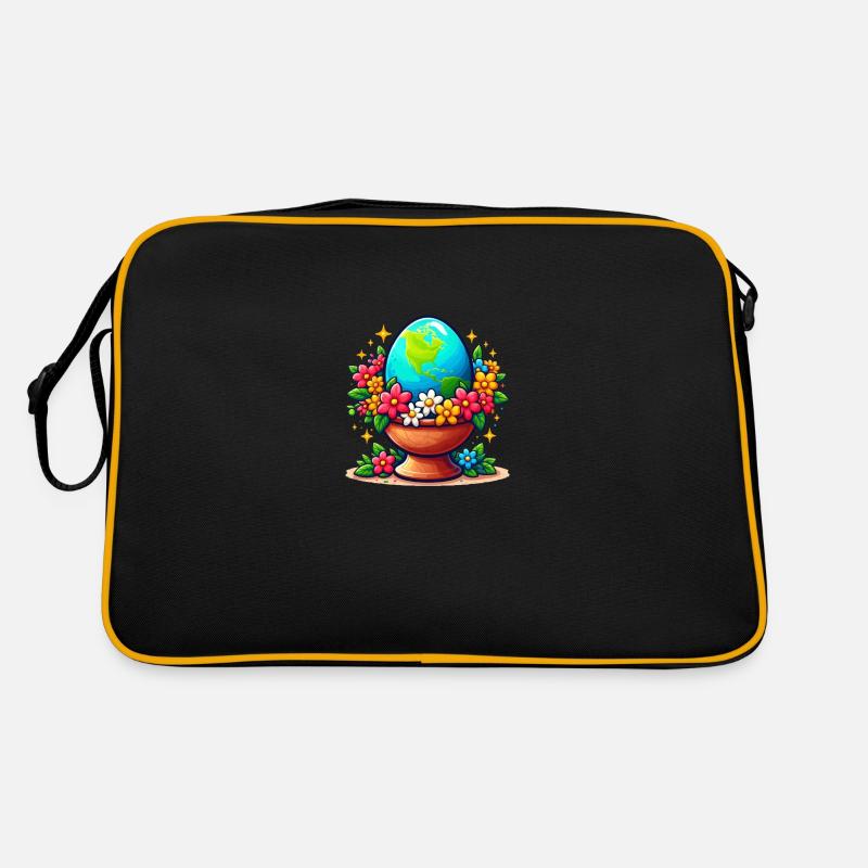 Die Erde in einem Eierglas mit Blumen drumherum - Retro Tasche - Schwarz/Gold