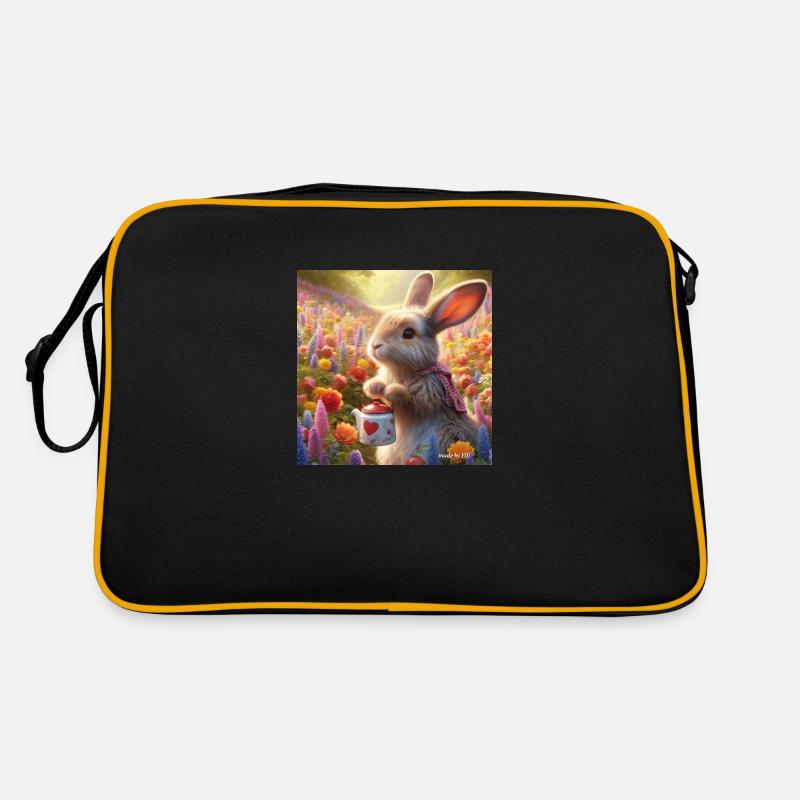 Hase im Blumengarten - Retro Tasche - Schwarz/Gold