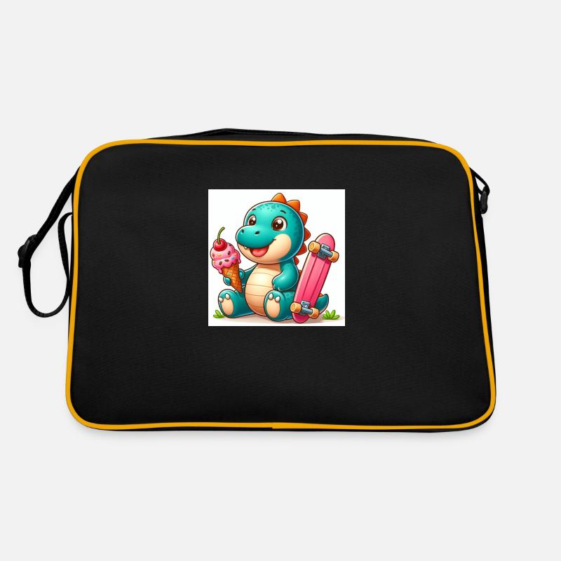 Türkis Dino mit Eiswaffel und Skateboard Retro Tasche