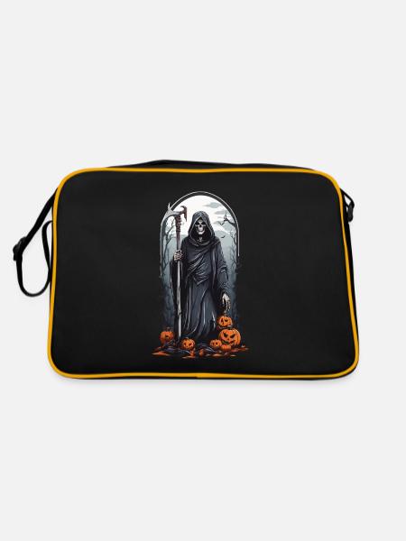 Retro Sensenmann Kürbis Halloween Grusel Design - Retro Tasche - Schwarz/Gold - Hinten