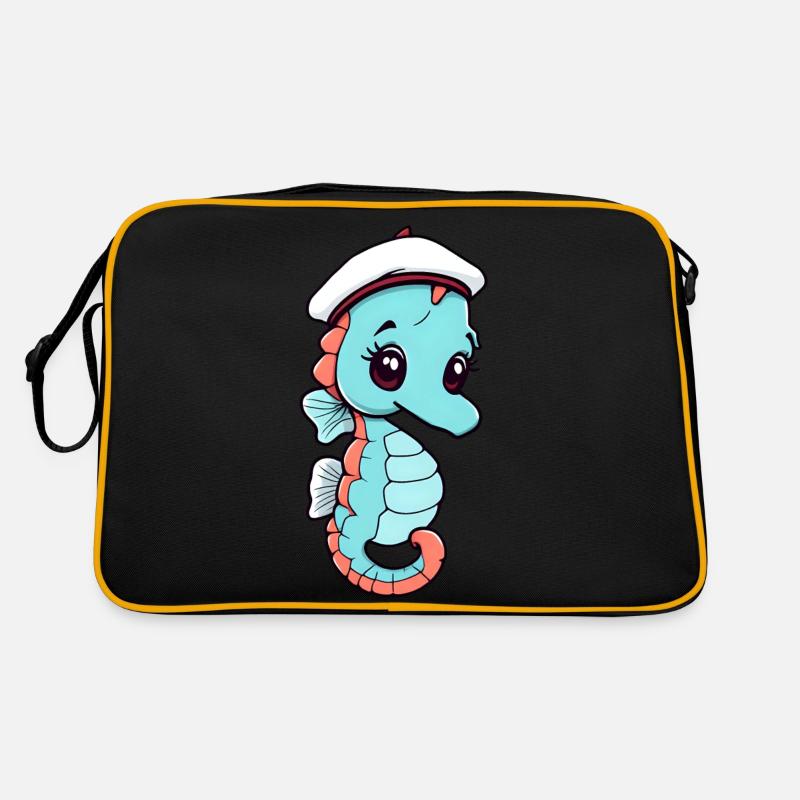 Hippocampe de dessin animé joyeux dans un chapeau de marin - Sac Retro - noir/or