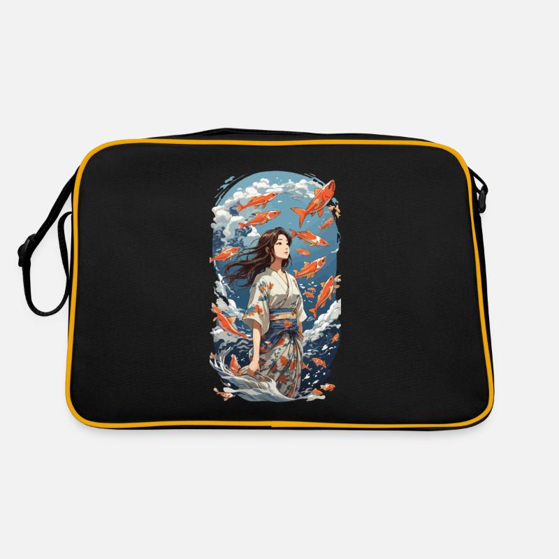 Japanische Ästhetik Kimono Koi Mädchen Design - Retro Tasche - Schwarz/Gold