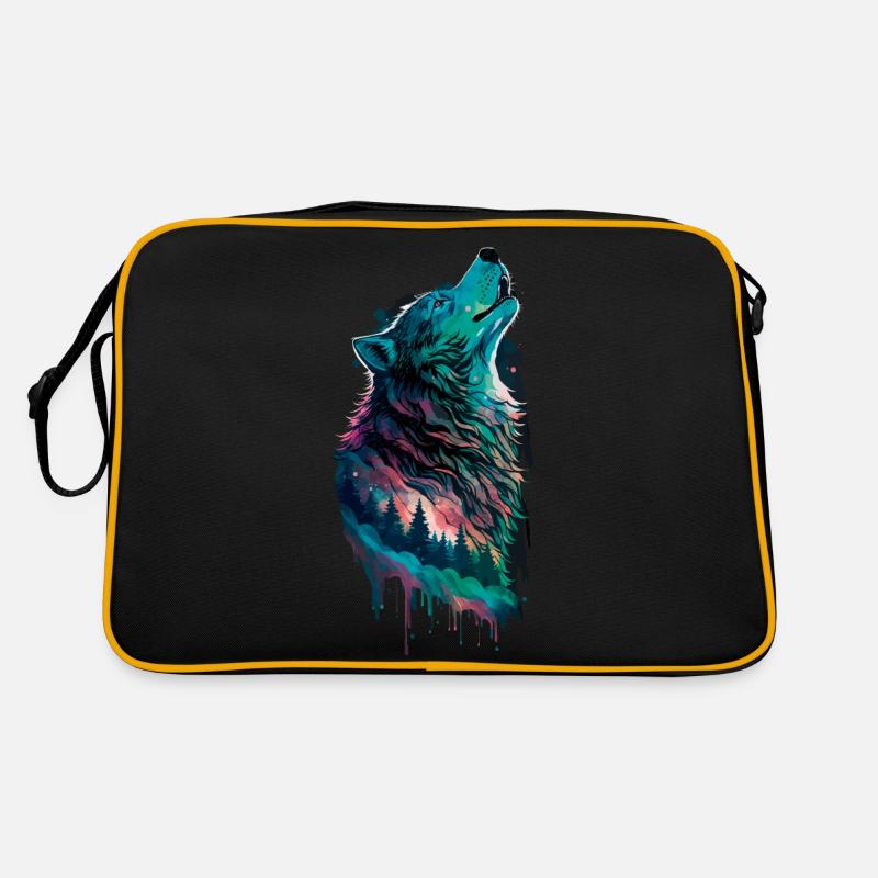 Aurora borealis in Form eines Wolfes im Wald Retro Tasche