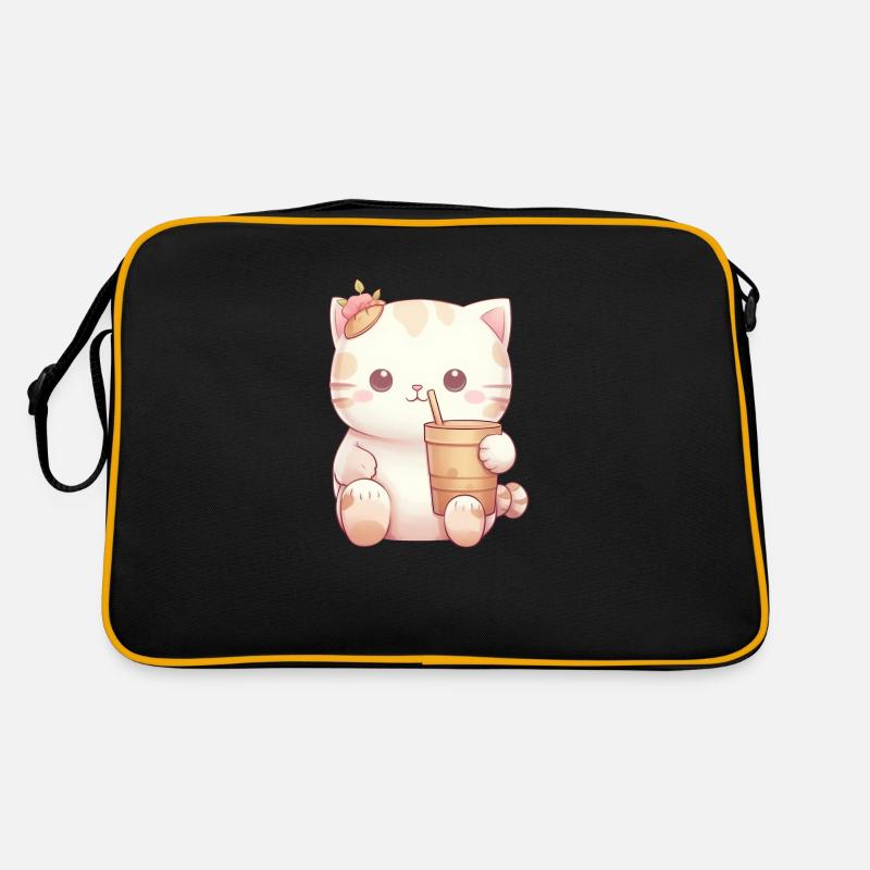 Katze im Bubble-Tea-Zauber - Retro Tasche - Schwarz/Gold