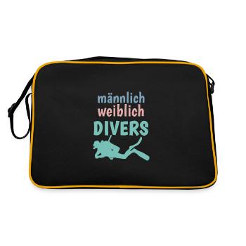 m/w/d: männlich weiblich DIVERS! Shirt für Taucher - Retro Tasche - Schwarz/Gold - Hinten