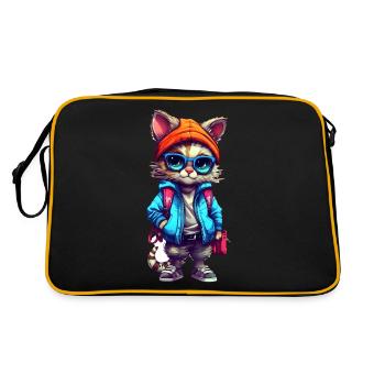 Cute Cat Cartoon - Retro Tasche - Schwarz/Gold - Hinten