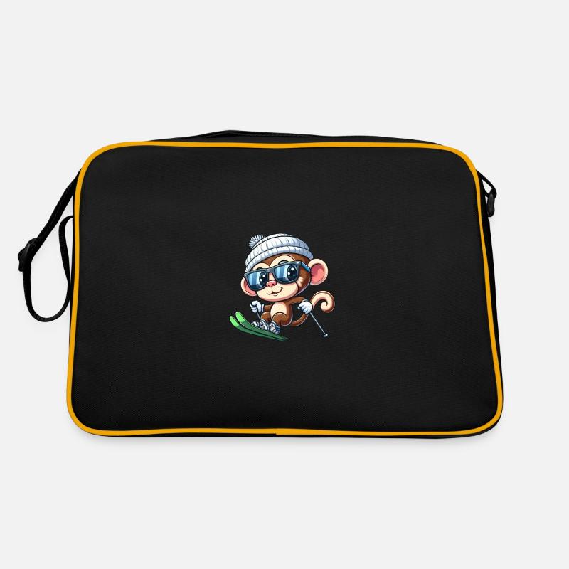 Affe Schimpanse Skifahrer Ski - Retro Tasche - Schwarz/Gold