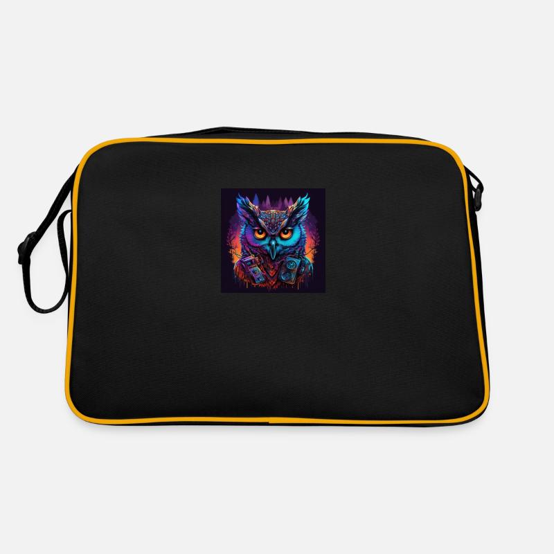 Eule mit Neonfarben, Synthwave / 80er Jahre - Retro Tasche - Schwarz/Gold