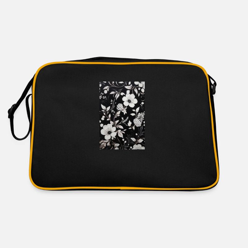 Black background with white floral pattern. Retro Bag