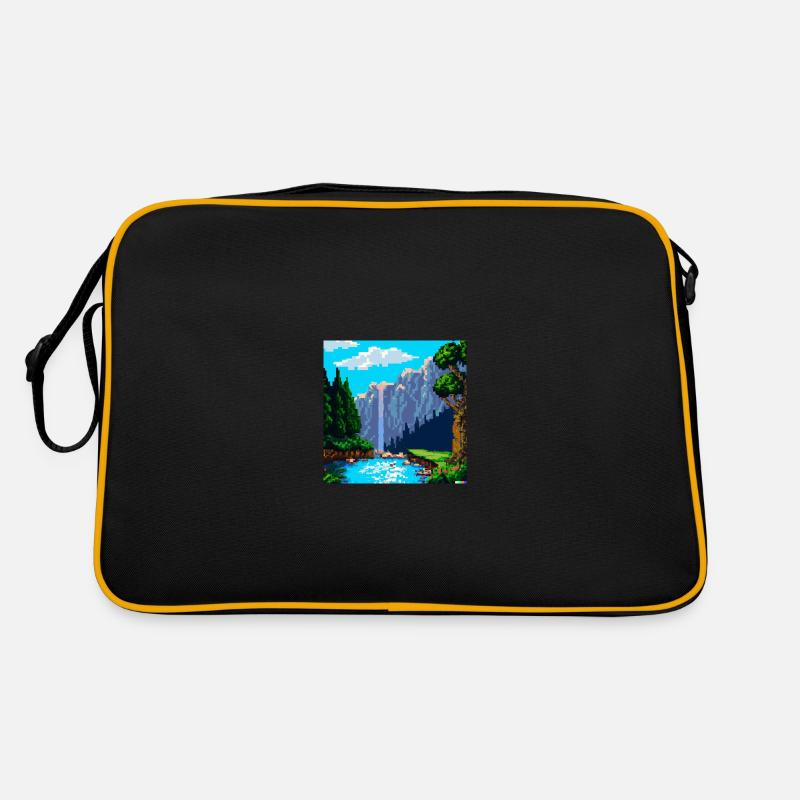 An idyllic landscape in Pixel-Art - Retro Tasche - Schwarz/Gold