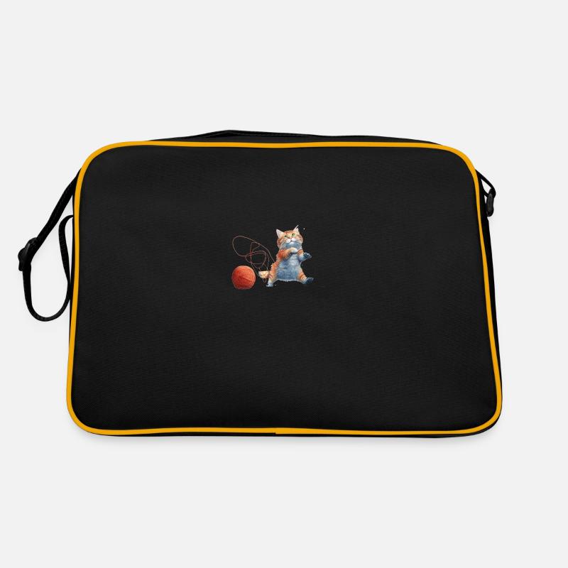 Katze mit Wolle - Retro Tasche - Schwarz/Gold