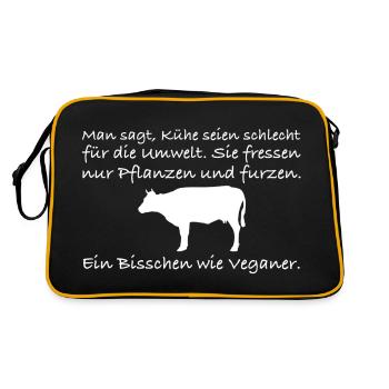 Man sagt Kühe seien schlecht für die Umwelt | Furz - Retro Tasche - Schwarz/Gold - Hinten