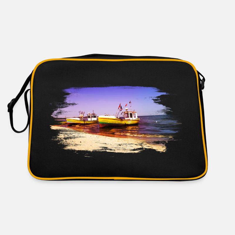 gelbe Boote am Meer am Strand Retro Tasche