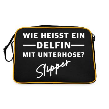 Wie heisst ein Delfin mit Unterhose, Slipper - Retro Tasche - Schwarz/Gold - Hinten