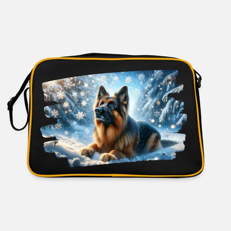 Deutscher Schäferhund in einer magischen Winterlandschaft Retro Tasche