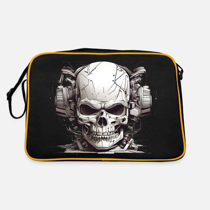 Moderner Totenkopf mit Kopfhörer in Schwarz-Weiß - Retro Tasche - Schwarz/Gold