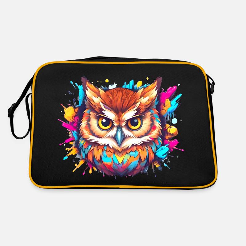 Farbenfrohe Eule aus einem Farbklecks, Comic-Art Retro Tasche