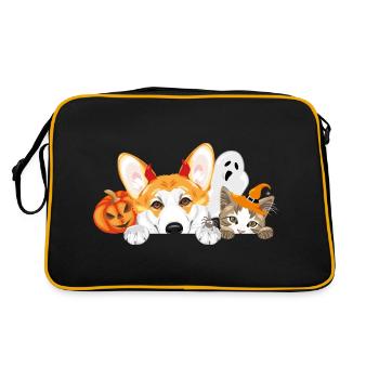 Peeking Corgi and cat with Halloween accessories - Retro Bag - black/gold - Back