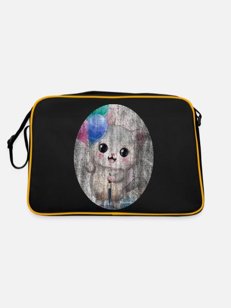 Kätzchen Katze mit Luftballon Gemälde - Retro Tasche - Schwarz/Gold - Hinten