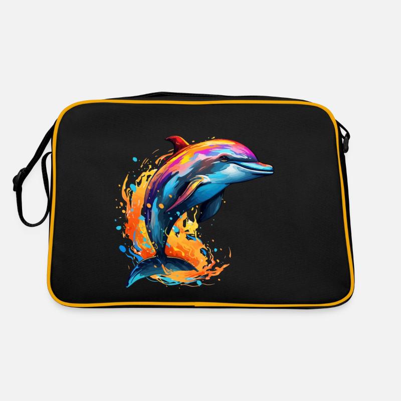 Bunter Delfin Farbkleckse Farbspritzer - Retro Tasche - Schwarz/Gold